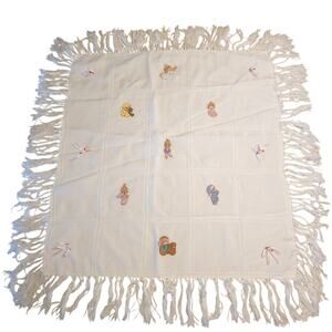Vintage Handmade Baby Blanket w/ Embroidered Kids & Fringe Edges 36"x36"